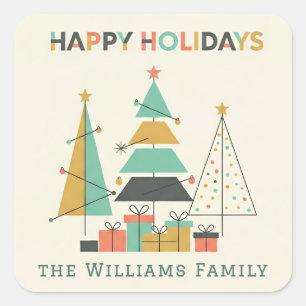 Pegatina Cuadrada Mid-Century Retro Christmas Trees
