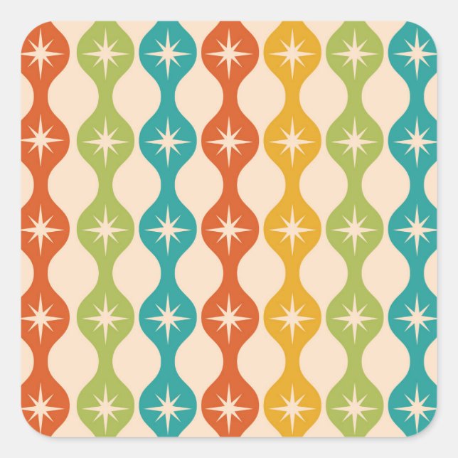 Pegatina Cuadrada Mid Century Retro Starbursts on ogee pattern     (Anverso)