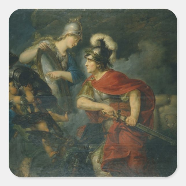 Pegatina Cuadrada Minerva muestra su envidia en el Escudo pulido (Anverso)