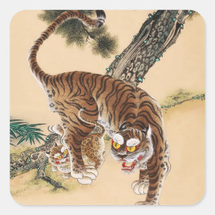 Pegatina Cuadrada Minhwa Tigre Feo Coreano 