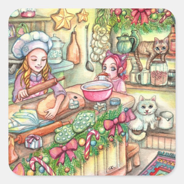 Pegatina Cuadrada Mini chef en la cocina (Anverso)