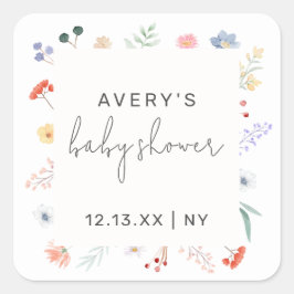 Pegatina Cuadrada Minimal Boho Wildflower Frame Baby Shower