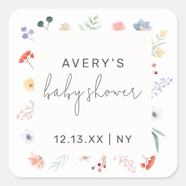 Pegatina Cuadrada Minimal Boho Wildflower Frame Baby Shower (Anverso)