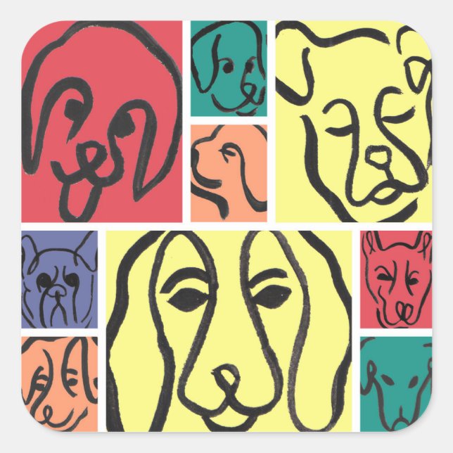 Pegatina Cuadrada Minimal Dogs Line Art Collage (Anverso)