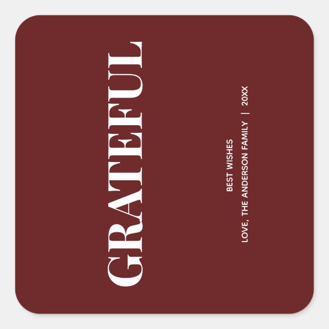 Pegatina Cuadrada Minimal GRATITUD | Deep Red Holiday (Anverso)