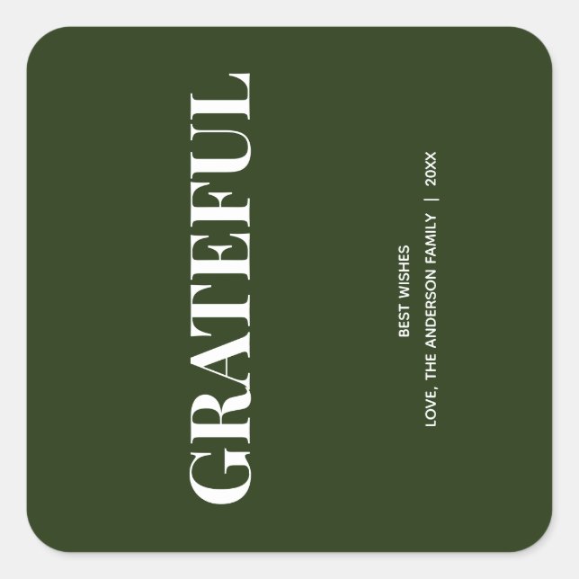 Pegatina Cuadrada Minimal GRATITUD | Verde Bosque Fiesta (Anverso)
