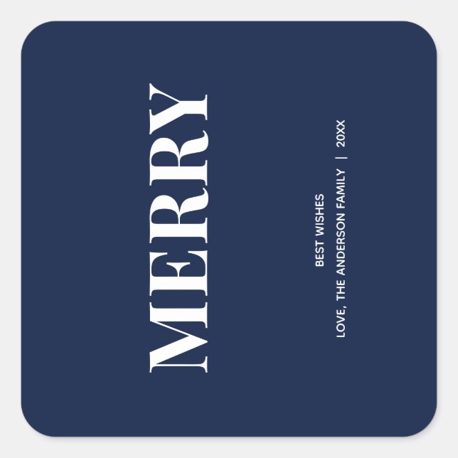 Pegatina Cuadrada Minimal MERRY | Navy Blue Holiday (Anverso)