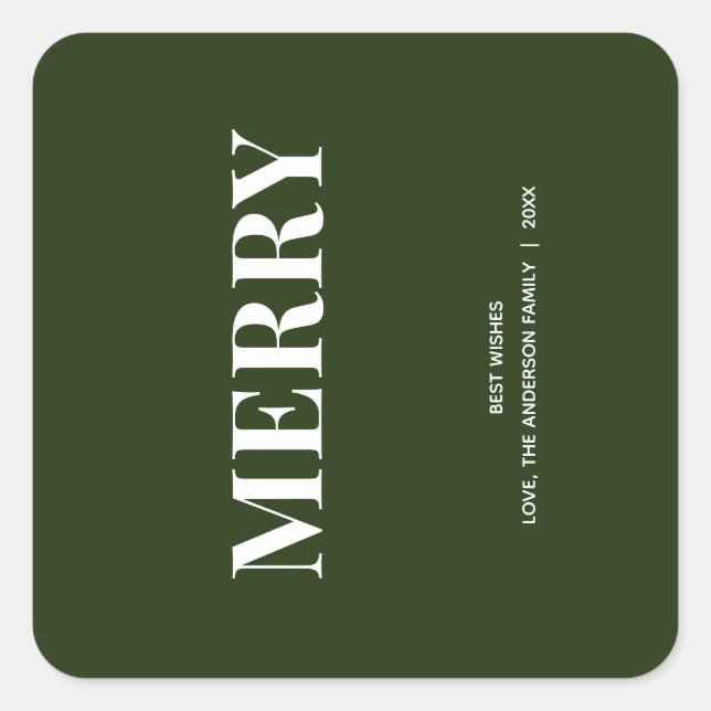 Pegatina Cuadrada Minimal MERRY | Verde Bosque Navideño (Anverso)