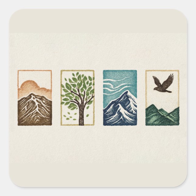 Pegatina Cuadrada Minimal Nature Set – Mountain & Tree Art (Anverso)