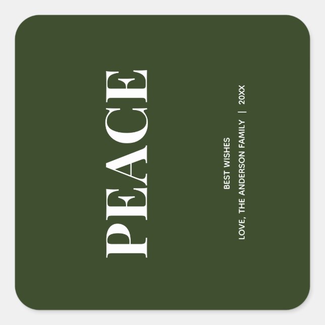 Pegatina Cuadrada Minimal PEACE | Verde Bosque Navideño (Anverso)