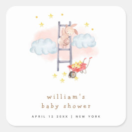 Pegatina Cuadrada Minimal Watercolor Boho Bunny Stars Baby Shower