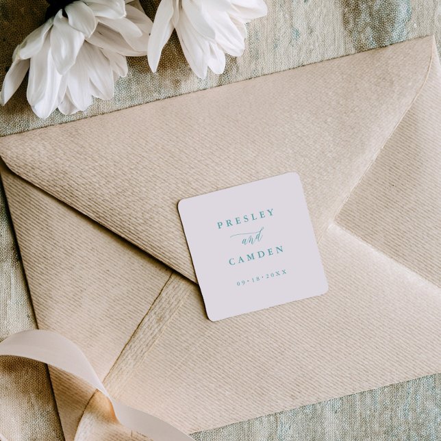 Pegatina Cuadrada Minimalist Aqua Wedding Seals Modern Calligraphy (Subido por el creador)