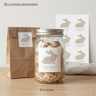 Pegatina Cuadrada Minimalist Beige Typography Rabbit Easter