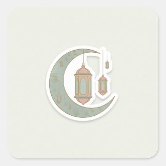 Pegatina Cuadrada Minimalist Boho Ramadan Moon & Lantern Sticker