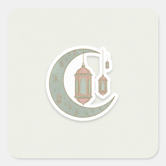 Pegatina Cuadrada Minimalist Boho Ramadan Moon & Lantern Sticker (Anverso)