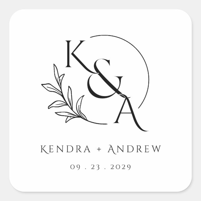 Pegatina Cuadrada Minimalist Elegant Laurel Wreath Wedding Monogram  (Anverso)