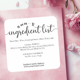 Pegatina Cuadrada Minimalist Ingredient List Bakery Product