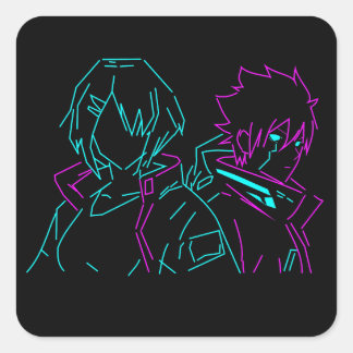 Pegatina Cuadrada Minimalist Neon pink & Blue Cyberpunk Anime Couple