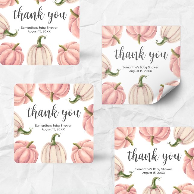 Pegatina Cuadrada Minimalist Pink Pumpkin Fall Baby Shower (Pink Pumpkin Baby Shower Square Sticker)