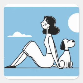 Pegatina Cuadrada Minimalist Woman and Dog Illustration