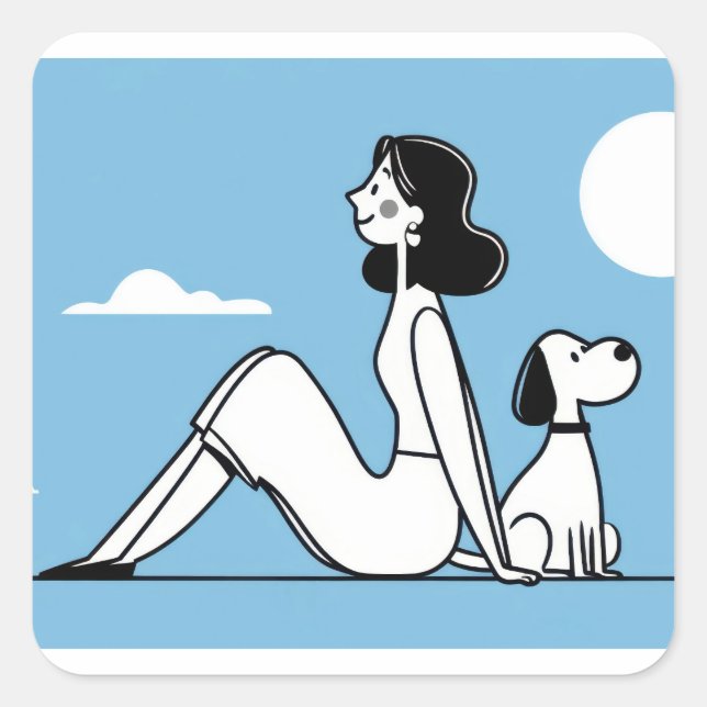 Pegatina Cuadrada Minimalist Woman and Dog Illustration (Anverso)