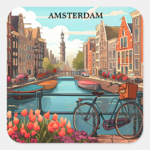 Pegatina Cuadrada Minimalista Amsterdam Holanda Vista del Canal Vint