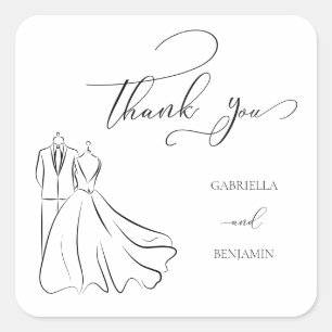 Pegatina Cuadrada Minimalista Gracias Bodas Escritura Negra Blanca