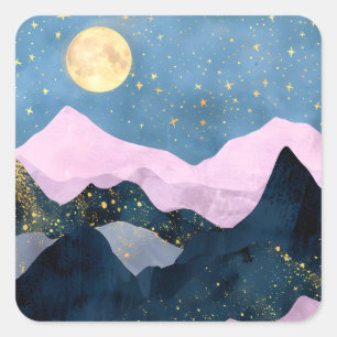 Pegatina Cuadrada Minimalista Luna Estrellas Montaña Valle Celestial