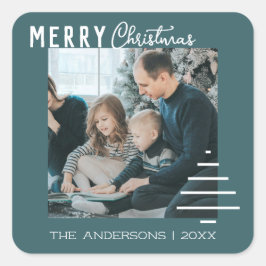 Pegatina Cuadrada Minimalista moderno Feliz Navidad Pino Verde Árbol