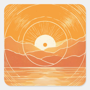 Pegatina Cuadrada Minimalista Montaña Océano Atardecer Retro Zen