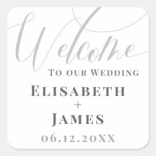 Pegatina Cuadrada Minimalistic White & Grey Calligraphy Chic Wedding