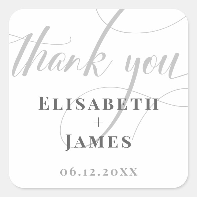 Pegatina Cuadrada Minimalistic White & Grey Calligraphy Chic Wedding (Anverso)