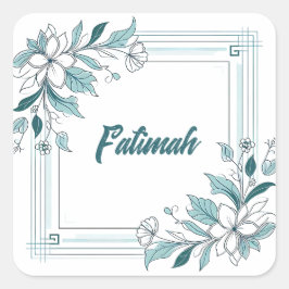 Pegatina Cuadrada Mínimo moderno Floral Blanco y Verde Nombre