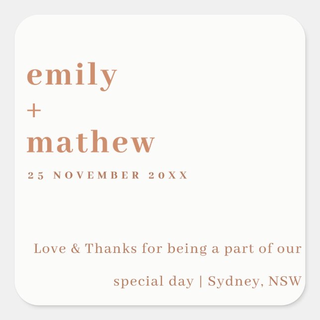 Pegatina Cuadrada Mínimo moderno negrita Naranja de óxido Boda de ti (Anverso)