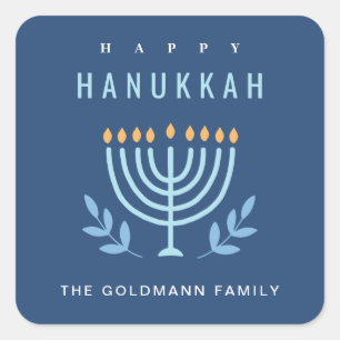 Pegatina Cuadrada Mínimo Simple Azul Menorah Velas Felices Hanukkah
