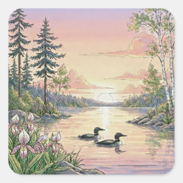 Pegatina Cuadrada Minnesota Lake Sunset with Loons, Stickers
