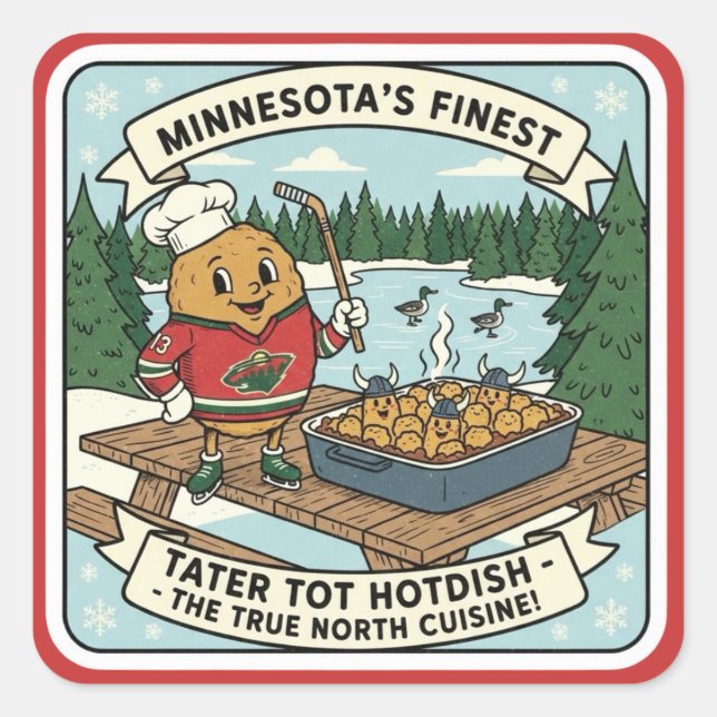 Pegatina Cuadrada Minnesota Tater Tot Hotdish Retro Mascot Sticker (Anverso)