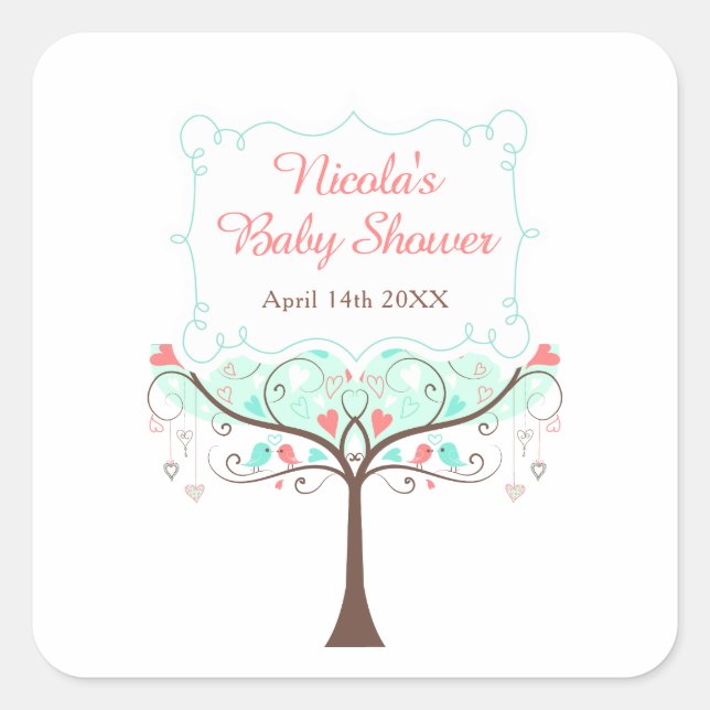 Pegatina Cuadrada Mint and Coral Floral Bird Baby Shower  (Anverso)