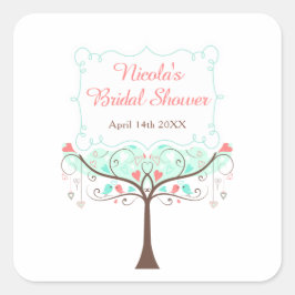 Pegatina Cuadrada Mint and Coral Floral Bird Bridal Shower 