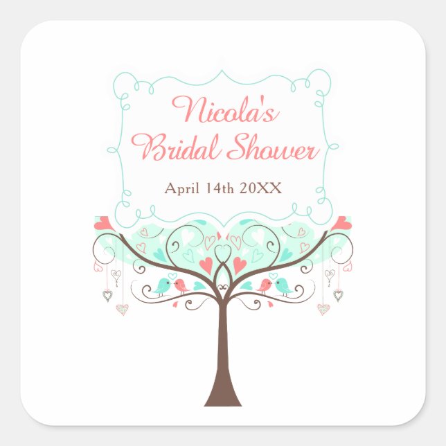 Pegatina Cuadrada Mint and Coral Floral Bird Bridal Shower  (Anverso)
