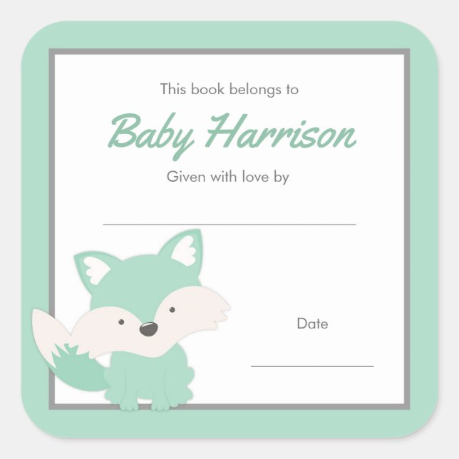 Pegatina Cuadrada Mint Fox Baby Shower Bookplate, género neutral (Anverso)