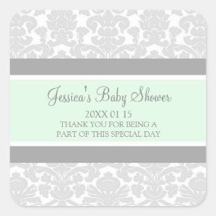 Pegatina Cuadrada Mint Gray Damask Baby Shower Favorito Pegatinas