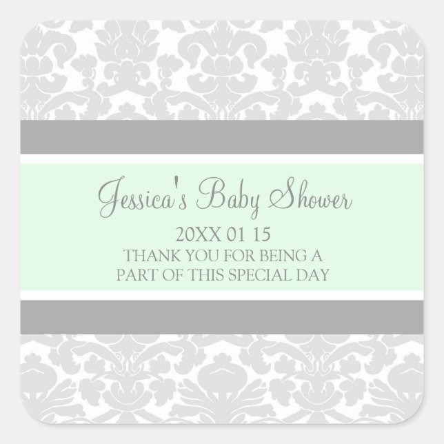 Pegatina Cuadrada Mint Gray Damask Baby Shower Favorito Pegatinas (Anverso)
