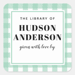 Pegatina Cuadrada Mint Green Gingham Plaid Baby Boy Book