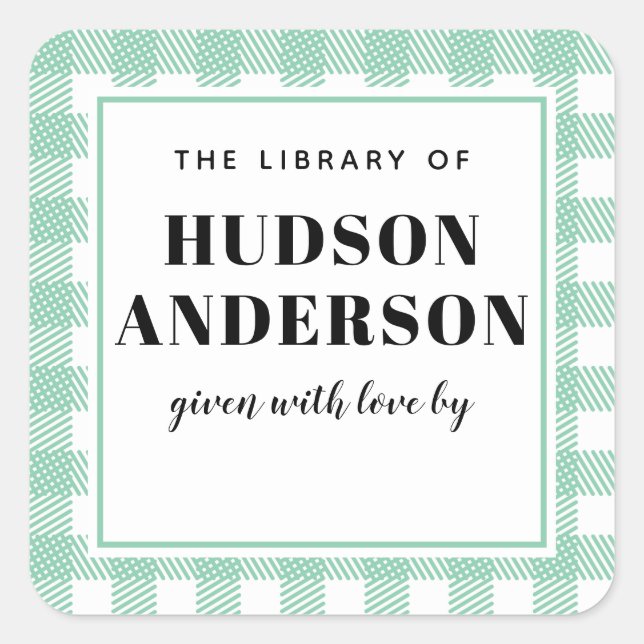 Pegatina Cuadrada Mint Green Gingham Plaid Baby Boy Book (Anverso)