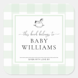 Pegatina Cuadrada Mint Green Gingham Rocking Horse Bookplate Pegatin
