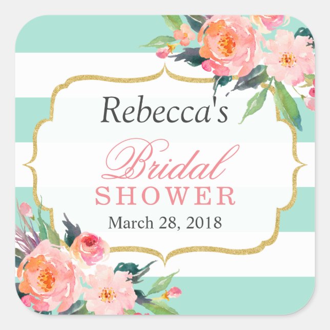 Pegatina Cuadrada Mint Green Stripes Floral Bridal Shower Favor (Anverso)