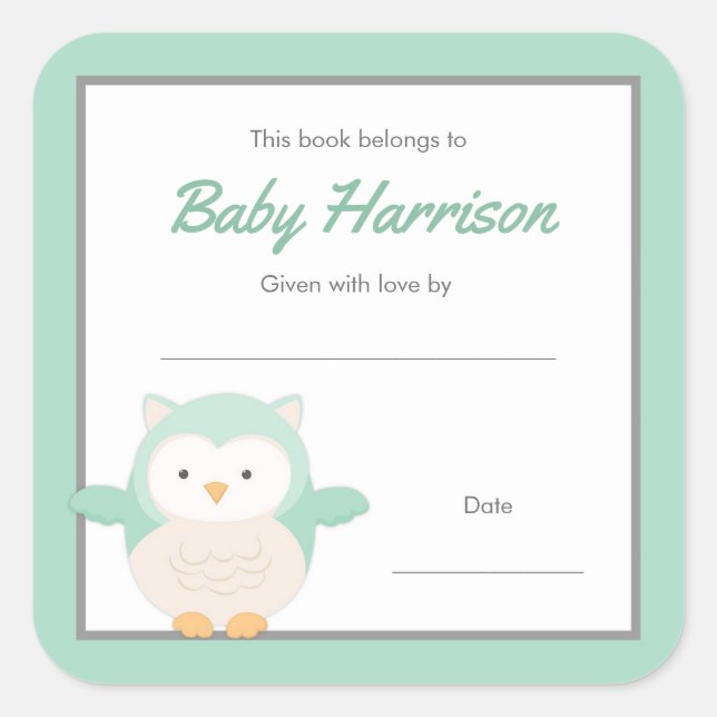Pegatina Cuadrada Mint Owl Baby Shower Bookplate, libro neutral (Anverso)