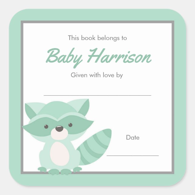 Pegatina Cuadrada Mint Raccoon Baby Shower Bookplate, neutral (Anverso)