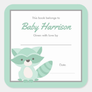 Pegatina Cuadrada Mint Raccoon Baby Shower Bookplate, neutral